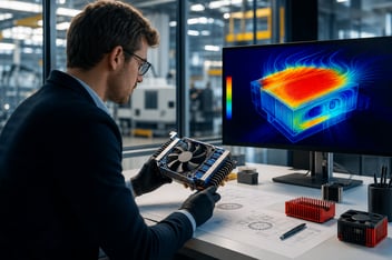 Engineer examining a circuit assembly with a thermal simulation heat map displayed on screen