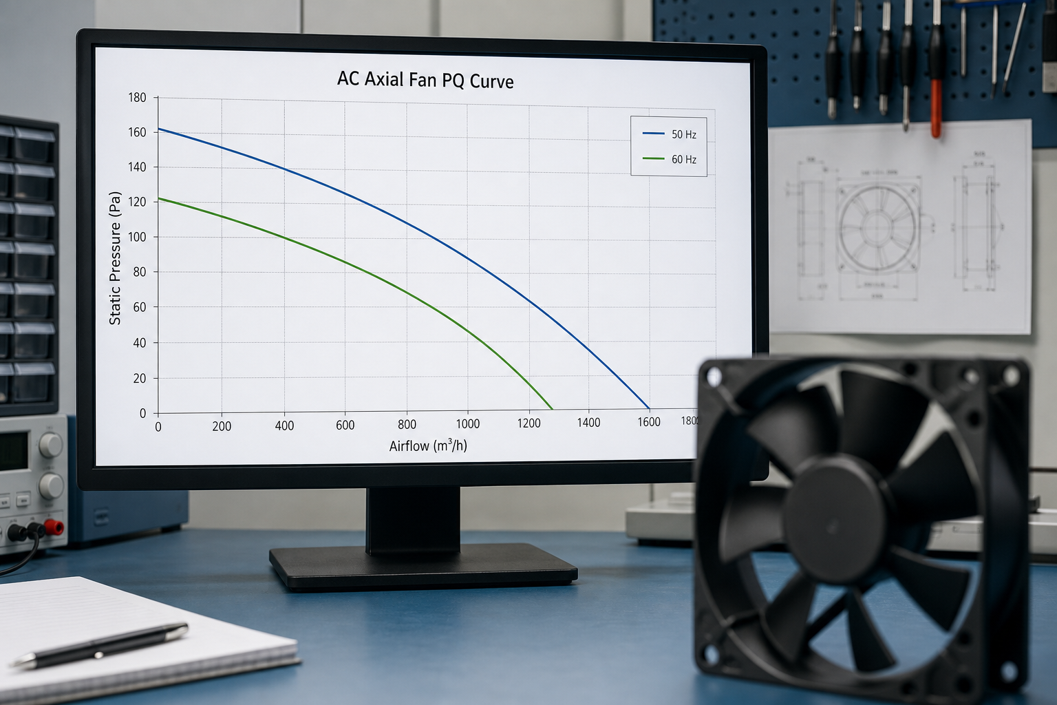 Engineer reviewing an AC axial fan's airflow and static pressure performance curve for enclosure cooling sizing.