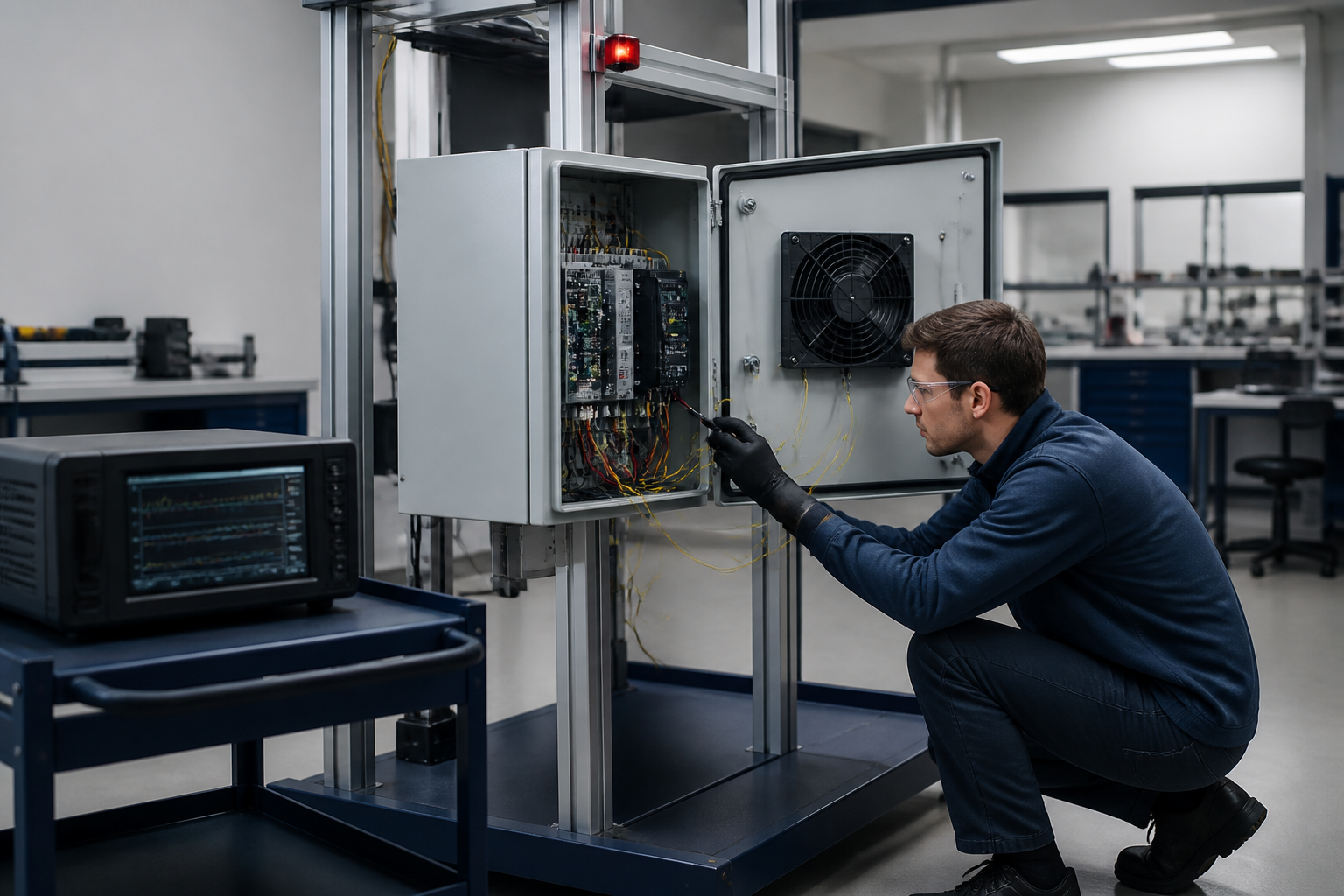 Engineer running a temperature rise test on an industrial control panel with an enclosure cooling fan