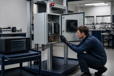 Engineer running a temperature rise test on an industrial control panel with an enclosure cooling fan
