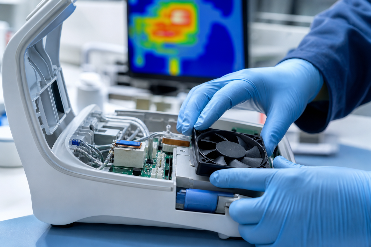 Engineer installing a low noise axial cooling fan inside a medical device enclosure during thermal design testing