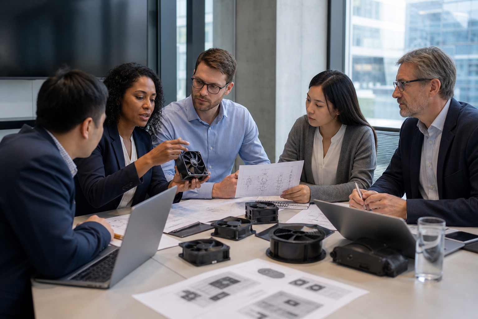 OEM procurement and engineering team comparing AC axial fan supplier datasheets and samples.
