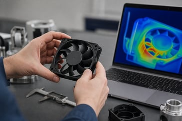 Custom fan prototype undergoing engineering evaluation before production, showing hands-on design review as part of YS Tech's NPI process.