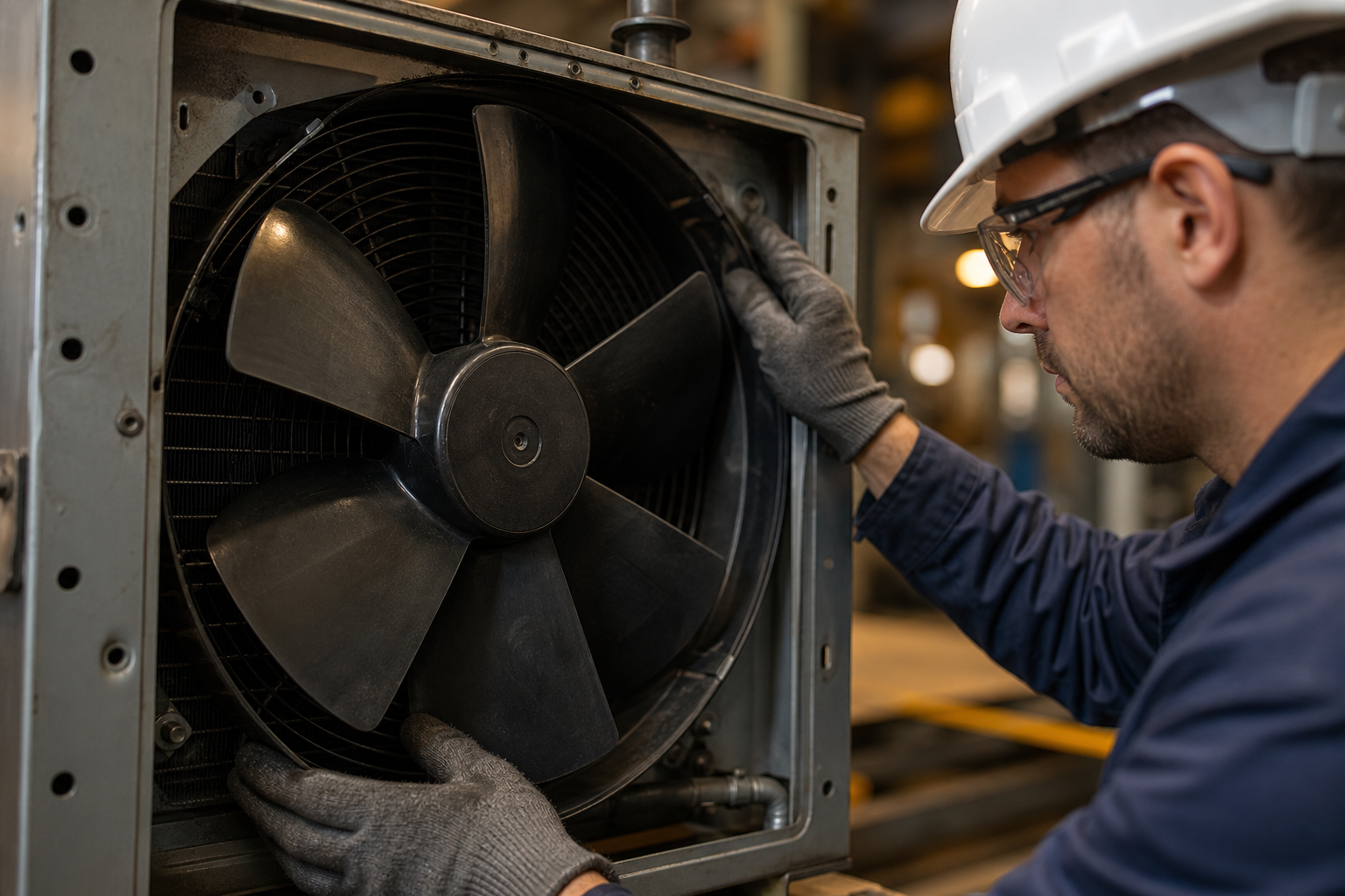 Technician inspecting an AC axial fan installed in a high-heat industrial equipment enclosure.