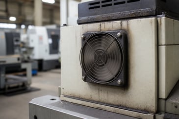 AC axial fan mounted on industrial machinery, showing the vibration and contamination conditions that affect fan selection.