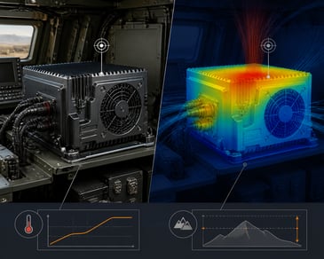 CFD thermal simulation of a ruggedized military processing unit showing airflow and temperature distribution across internal components for MIL-STD-810 compliance.