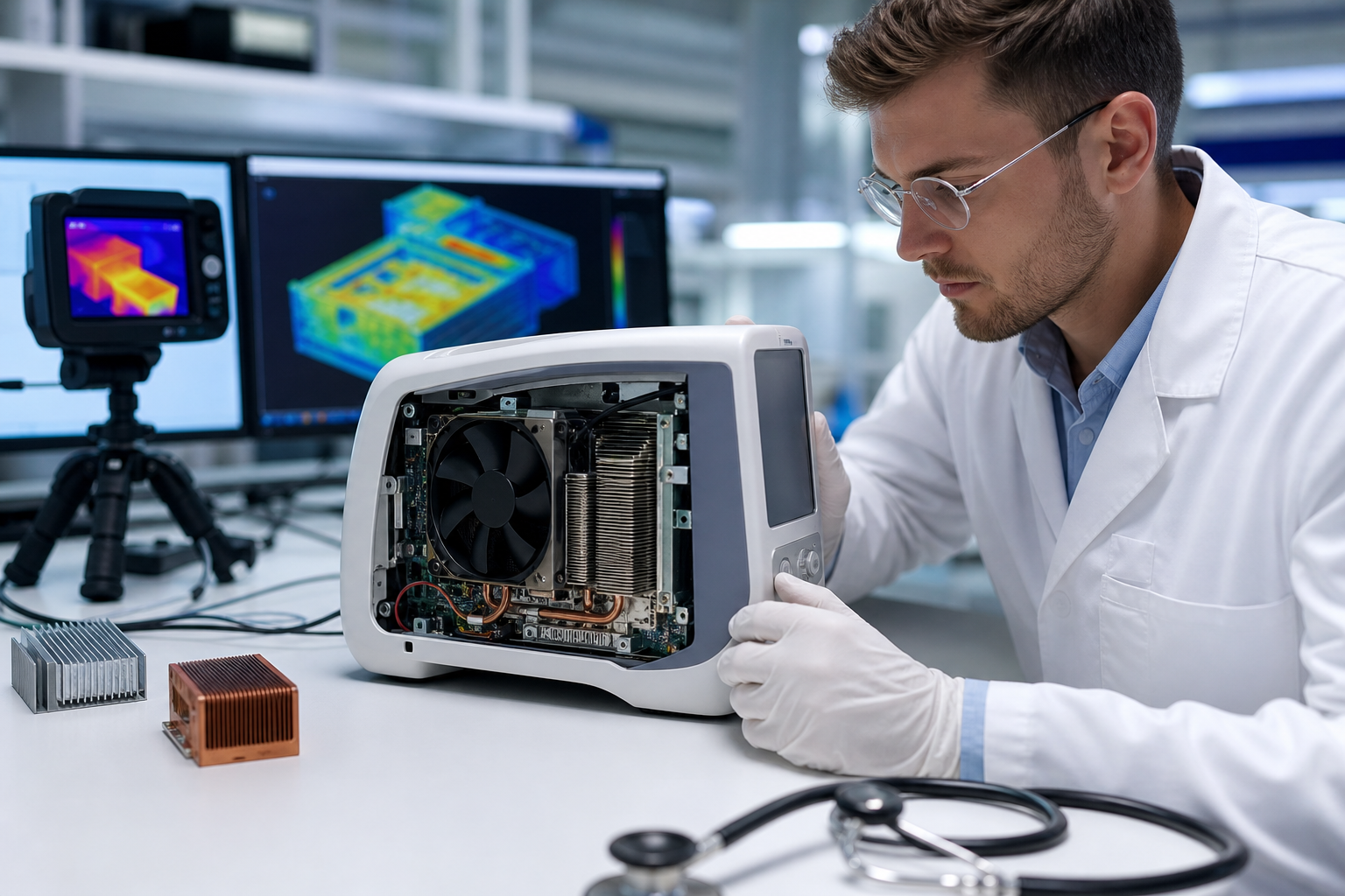Why is integrating low noise and low current consumption vital in medical thermal management?